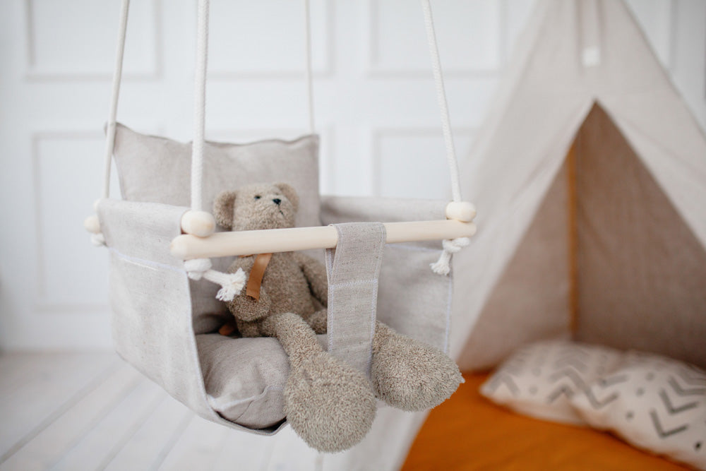 natural linen swing for toddler, natural linen child swing, linen indoor swing, linen terrace swing