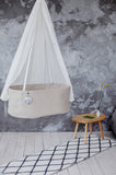 perfect first baby bed, natural baby bed, handmade baby cradle, stylish baby bassinet, stylish baby cradle, first newborn bed, linen baby cradle, linen baby bassinet, baby bassinet with canopy, baby cradle canopy, white linen cradle canopy, white canopy, linen baby canopy, linen baby bassinet canopy