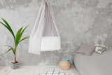 white hanging cradle with canopy, light grey linen canopy, white hanging cradle, first baby bed, hanging rocking cradle, best gift for expecting mother, babyshower gift, newborn bed, hanging rocking cradle