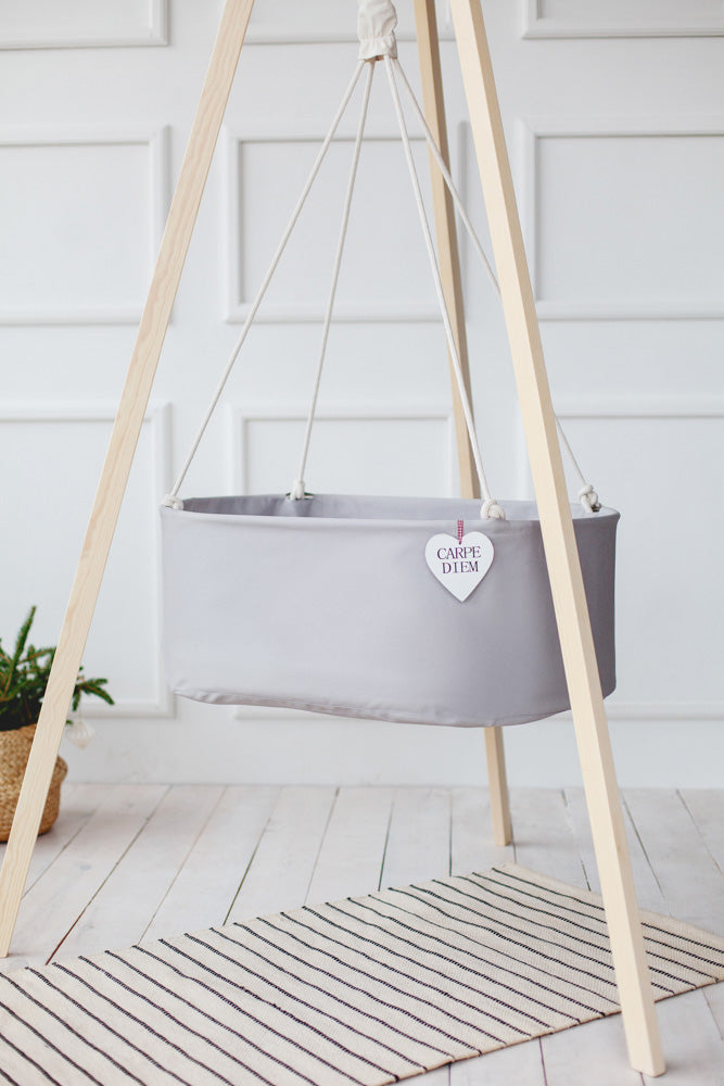 hanging baby cradle with tripod stand, baby cradle stand, hanging cradle with cotton ropes, hanging cradle in light grey cotton, organic cotton bassinet