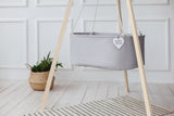 wooden cradle tripod stand, hanging baby cradle with tripod stand, baby cradle stand, hanging cradle with cotton ropes, hanging cradle in light grey cotton, organic cotton bassinet