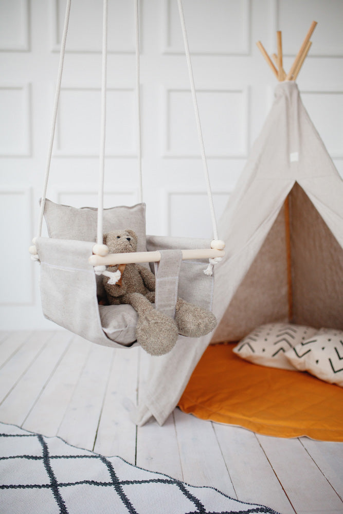 natural linen baby swing, linen swing, linen toddler swing, play tent, toddler teepee tent, play tent with mat